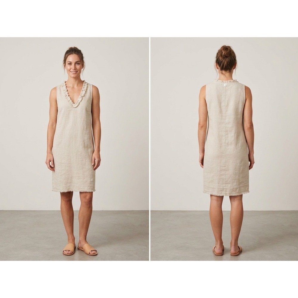 Tommy Bahama Shift Dress Womens M Beige Excellent Linen Ruffle V-Neck Frayed Hem